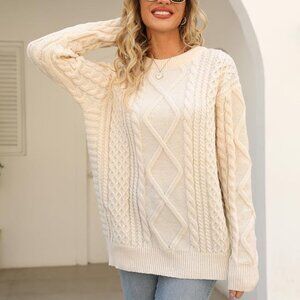 Vamtac Cable Knit Sweater Cream Fall Oversized Chunky Crewneck Pullover Size M